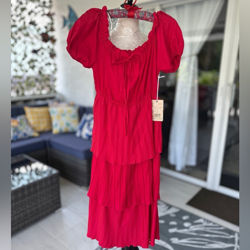 Charming Red Tiered Kids Dress